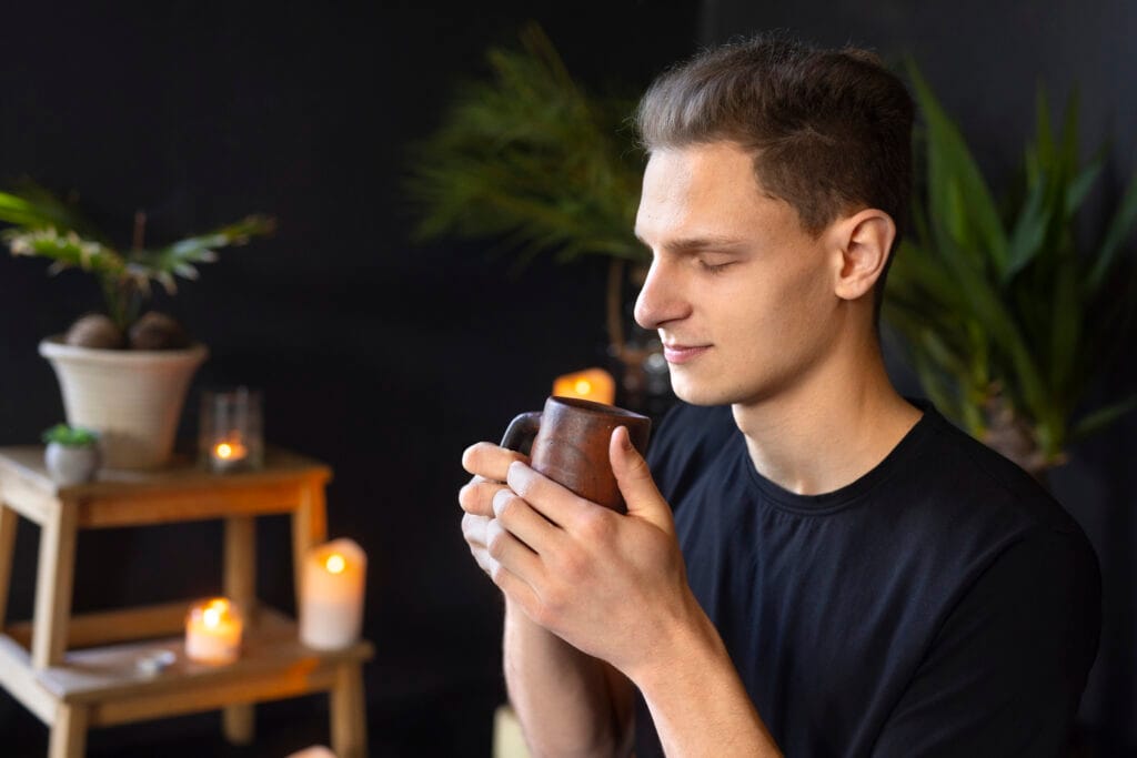 Hombre agarrando una taza con una infusion caliente