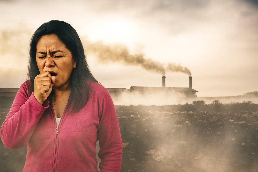 Mujer con rostro de malestar tosiendo en un ambiente contaminado por humo industrial y basura, con una fábrica de fondo.